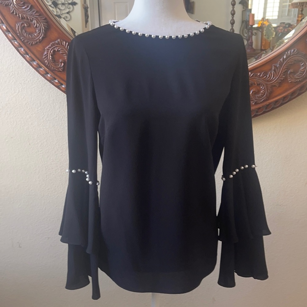 Tahari pearl studded trumpet sleeve blouse